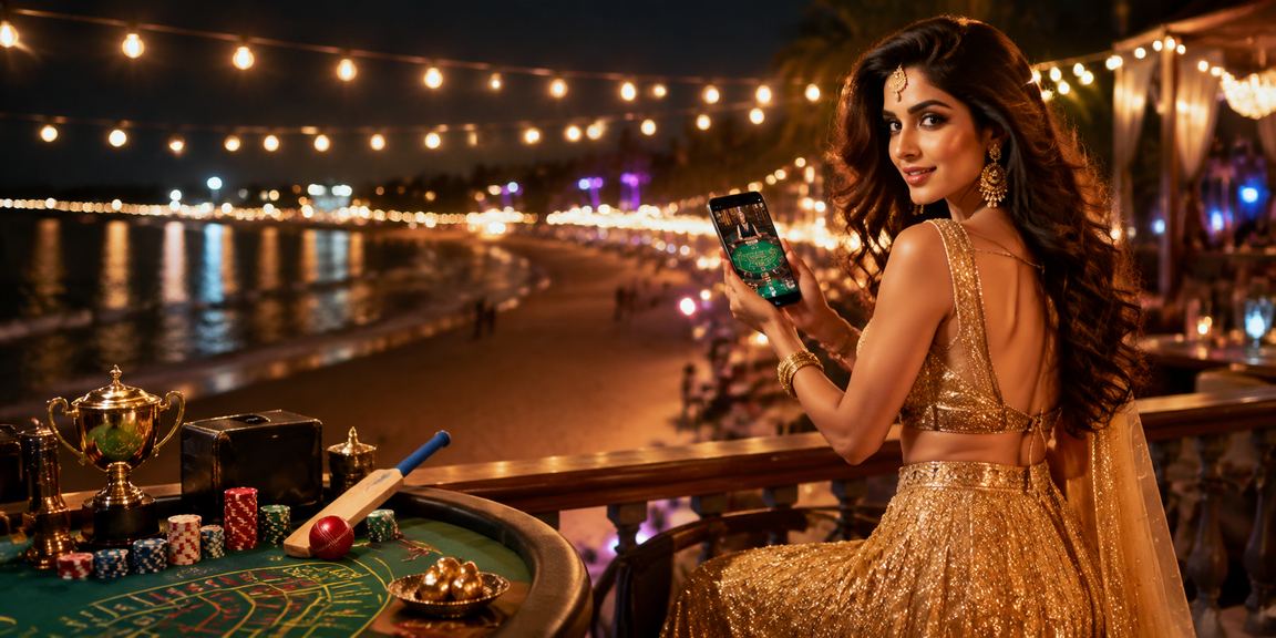 A festive cricket betting scene with traditional Indian lehenga in vibrant colors